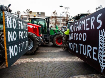 Some tractors are decorated with placards, during one of the farmer protests that took place in Arnhem, on December 18th 2019. (Photo by Romy Arroyo Fernandez/NurPhoto via Getty Images)