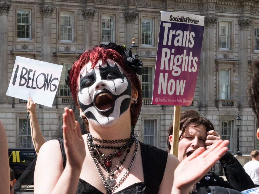 LONDON, UNITED KINGDOM - AUGUST 06, 2021: Transgender people and their supporters protest outside Downing Street calling on the UK government to urgently reform the Gender Recognition Act on August 06, 2021 in London, England. Protesters demand reforms to trans healthcare, legal recognition for non-binary people, an end to non-consensual surgeries on intersex children and ban on pseudoscientific conversion therapies. (Photo credit should read Wiktor Szymanowicz/Future Publishing via Getty Images)