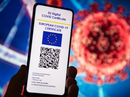 Photo illustration of a hand holding and showing the display of a mobile phone with a European EU digital Covid-19 vaccination certificate with a QR and the European flag, an international vaccination certificate or health pass with a Covid virus illustration and a DNA / RNA on the background. Photo …