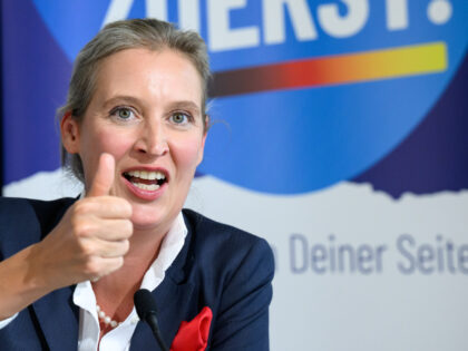08 September 2022, Berlin: Alice Weidel, federal chairwoman of the AfD, presents the "Our Country First!" campaign at a press conference with co-chairman Chrupalla. Photo: Bernd von Jutrczenka/dpa (Photo by Bernd von Jutrczenka/picture alliance via Getty Images)