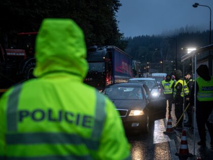 MOSTY U JABLUNKOVA, CZECH REPUBLIC - SEPTEMBER 29: The Czech police launches checks on the Czech-Slovak border (Svrcinovec border crossing) due to the high number of refugees crossing into Germany and Austria in Mosty u Jablunkova, Moravian-Silesian region, Czech Republic on September 29, 2022. The government has decided to temporarily …