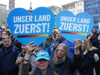 12 November 2022, Baden-Wuerttemberg, Stuttgart: Participants of an AfD rally demonstrate and with blue cardboard hearts on which "Our country first" is written. A rally of the Alternative for Germany and several counter-demonstrations kept the police in Stuttgart on Saturday afternoon in suspense. (To dpa "Water cannon between AfD rally …