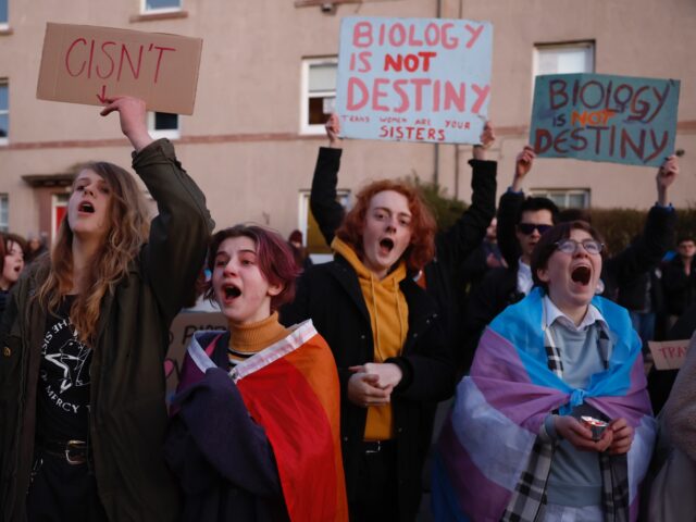 EDINBURGH, SCOTLAND - MARCH 14: Trans rights activists protest at a Gender Identity Talk held at Portobello Library on March 14, 2023 in Edinburgh, Scotland. Concerned Adults Talking Openly About Gender Identity Ideology hold a meeting on Gender Identity today which has previously prompted anger among trans activists. (Photo by …