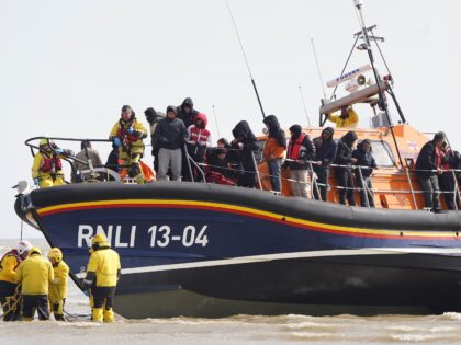 A group of people thought to be migrants are brought in to Dungeness, Kent, onboard the RNLI Dungeness Lifeboat, following a small boat incident in the Channel. Picture date: Thursday April 27, 2023. (Photo by Gareth Fuller/PA Images via Getty Images)