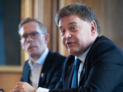 Andrew Bridgen (right) at a Reclaim Party press conference at One Great George Street in Westminster, London, after joining the party. The MP for North West Leicestershire will be first representative of Laurence Fox's (left) party in the House of Commons. Mr Bridgen was expelled from the Conservative Party for …