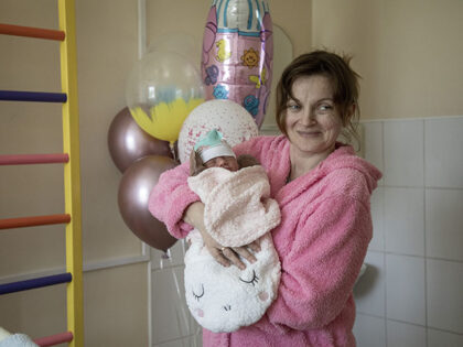 A new born baby of 41-year-old Inna is seen with her baby in the maternity section of the 1st City Maternity Hospital in Lviv, Ukraine amid Russia-Ukraine war on May 05, 2023. According to Dr. Oleg, the hospital's medical director, the birth deficit in the nation has decreased by half …