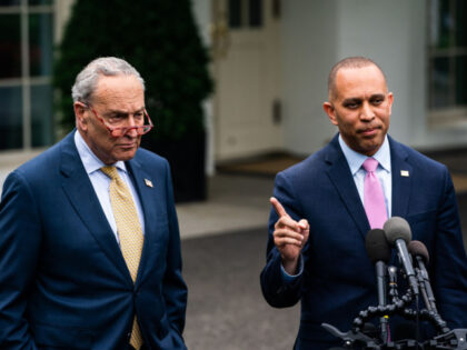 WASHINGTON, DC May 16, 2023: Senate Majority Leader Chuck Schumer and House Minority Leader Hakeem Jeffries speak with the press following a meeting with US President Joe Biden in the Oval Office of the White House on Tuesday May 16, 2023. Biden and Republican leaders met in hopes of breaking …