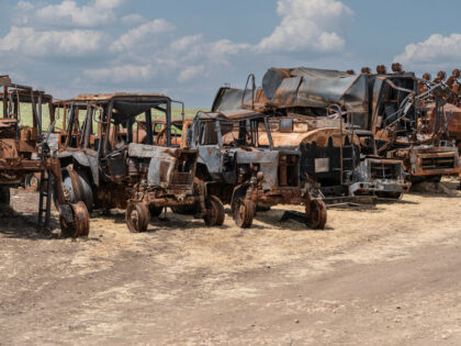 KHERSON REGION, UKRAINE - 2023/05/19: View of the destructions of agricultural equipment of Farm Pershe Travnia of village Velyka Oleksandrivka of Kherson region seen after liberation from Russian invasion. The farm was producing grain (wheat, barley, sunflower), meat (pork), and other products; with 100 employees and more than 3,000 hectares …