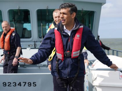 DOVER, ENGLAND - JUNE 05: Prime Minister Rishi Sunak onboard Border Agency cutter HMC Seeker during a visit to Dover, ahead of a press conference at Western Jet Foil in Dover, as he gives an update on the progress made in the six months since he introduced the Illegal Migration …