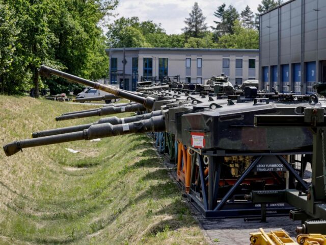 Tank turrets for Leopard 2A4 battle tanks are waiting to get into working order at the fac