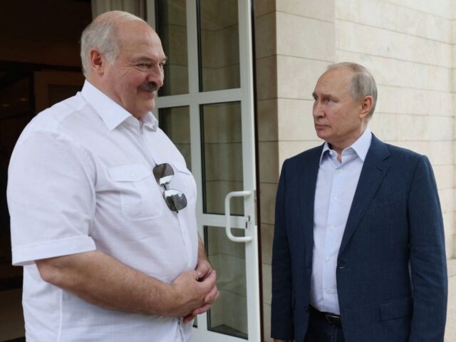 Russian President Vladimir Putin meets with his Belarus' counterpart Alexander Lukashenko in Sochi on June 9, 2023. (Photo by Gavriil GRIGOROV / SPUTNIK / AFP) (Photo by GAVRIIL GRIGOROV/SPUTNIK/AFP via Getty Images)