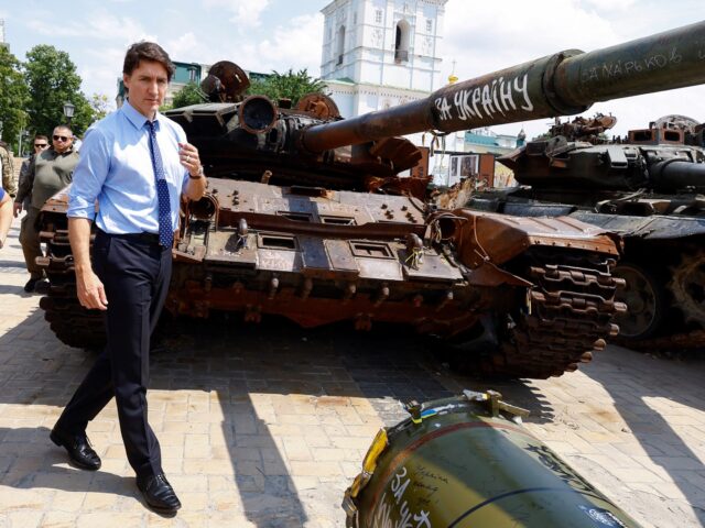 KYIV, UKRAINE - JUNE 10: Canadian Prime Minister visits an exhibition of destroyed vehicles on the day of his visit to the Wall of Remembrance to pay tribute to Ukrainian soldiers killed amid Russia's attack on Ukraine on June 10, 2023 in Kyiv, Ukraine. (Photo by Valentyn Ogirenko-Pool/Getty Images)