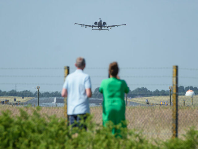 12 June 2023, Schleswig-Holstein, Jagel: Onlookers watch the takeoff of an A-10 Thunderbol