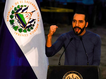 Salvadoran President Nayib Bukele gestures while speaking during a public appearance to set the first stone for the new Rosales Hospital in the Salvadoran capital. (Photo by Camilo Freedman/SOPA Images/LightRocket via Getty Images)