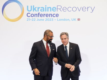 LONDON, ENGLAND - JUNE 21: British Foreign Secretary James Cleverly welcomes U.S. Secretary of State Anthony Blinken during Day One of the Ukraine Recovery Conference at InterContinental London O2 on June 21, 2023 in London, England. The UK and Ukraine jointly host the Ukraine Recovery Conference 2023 and will focus …