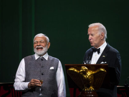 US President Joe Biden, right, and Narendra Modi, India's prime minister, during a state dinner at the White House in Washington, DC, US, on Thursday, June 22, 2023. Biden and Modi announced a series of defense and commercial deals designed to improve military and economic ties between their nations during …