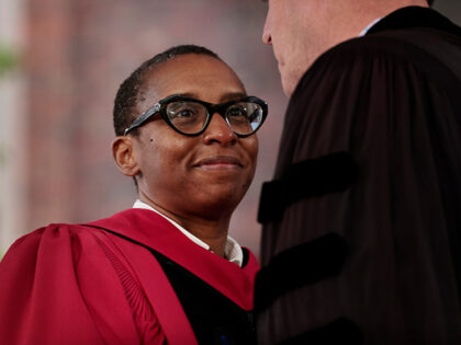 Harvard University President-elect Claudine Gay arrives on stage during the 372nd Commencement at Harvard University. (Photo by Craig F. Walker/The Boston Globe via Getty Images)