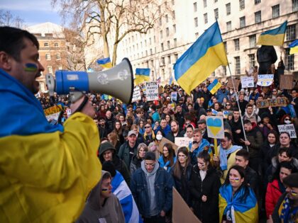 LONDON, ENGLAND - FEBRUARY 26: Supporters of Ukraine demonstrate in Whitehall outside of Downing Street the residence of the UK Prime Minister Boris Johnson for a third successive day on February 26, 2022 in London. Russia's attack on Ukraine this week has incited a wave of protests across Europe and …