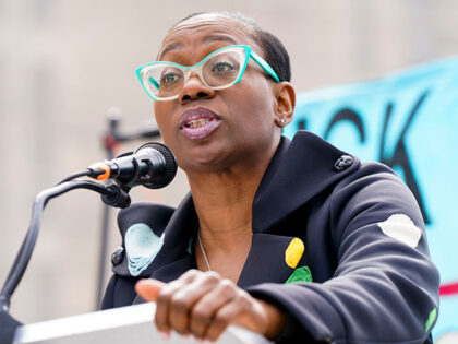Former Ohio State Senator and current candidate Nina Turner speaks to supporters of The Debt Collective near the U.S. Department of Education as they demand full student debt cancellation on April 04, 2022 in Washington, DC. (Photo by Leigh Vogel/Getty Images for MoveOn & Debt Collective)