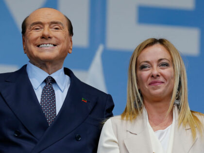 Rome, Italy, 22.09.2022: Silvio Berlusconi, Giorgia meloni during the center-right coalition meeting during the Electoral Campaign of Center-Right coalition at Piazza del Popolo on September 22, 2022 in Rome, Italy. (Photo by Carlo Hermann/DeFodi Images via Getty Images)