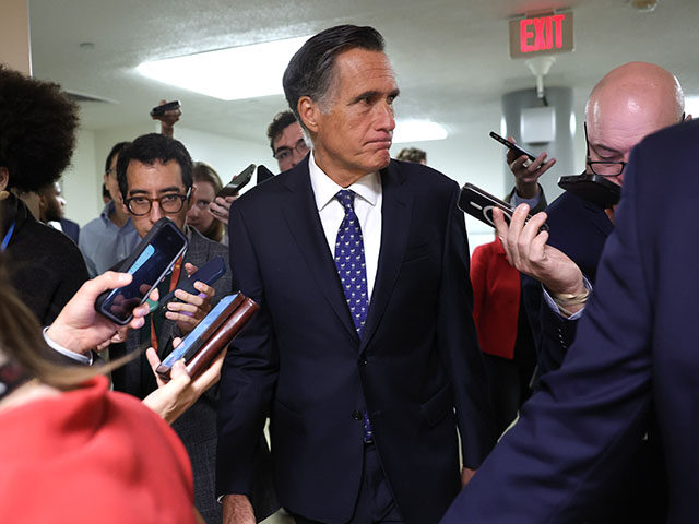 U.S. Sen. Mitt Romney (R-UT) talks to reporters at the U.S. Capitol on May 02, 2023 in Was