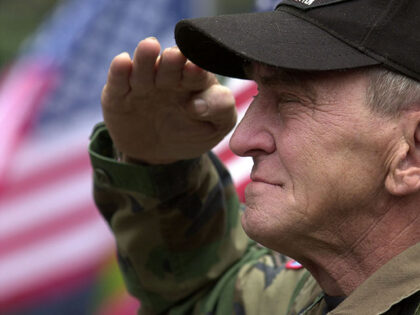 Vietnam Veteran Robert Points salutes during a Tri-State Supports the America Rally April 25, 2003 in Cincinnati, Ohio. The rally was billed as a victory party for the troops. (Photo by Mike Simons/Getty Images)