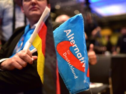 STUTTGART, GERMANY - APRIL 30: An Alternative fuer Deutschland (AfD) delegate holds a German and a AfD flag at the party's federal congress on April 30, 2016 in Stuttgart, Germany. The AfD, a relative newcomer to the German political landscape, has emerged from Euro-sceptic conservatism towards a more right-wing leaning …