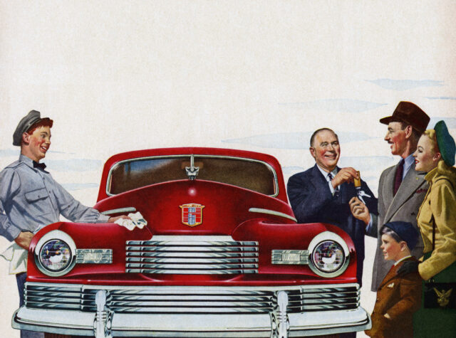 Vintage illustration of a 1940s family receiving the keys to their brand new car (screen p