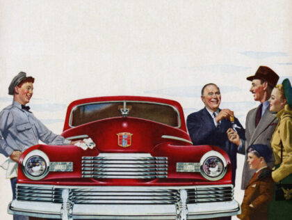 Vintage illustration of a 1940s family receiving the keys to their brand new car (screen p