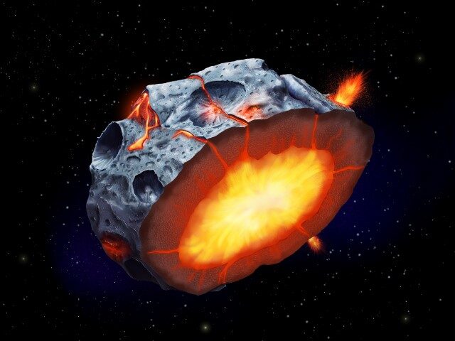 Illustration of a cross-section of a metal asteroid showcasing iron volcanism. (ELENA HART