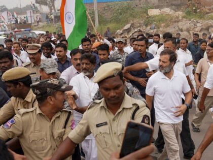 Congress party leader Rahul Gandhi, center, along with other leaders walk during Bharat Jo
