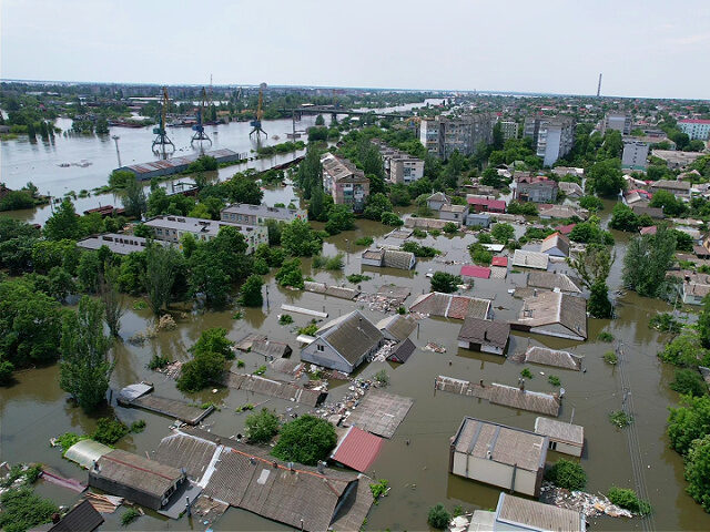 KHERSON, UKRAINE - JUNE 8: Residential buildings in a flooded area on June 8, 2023 in Kher