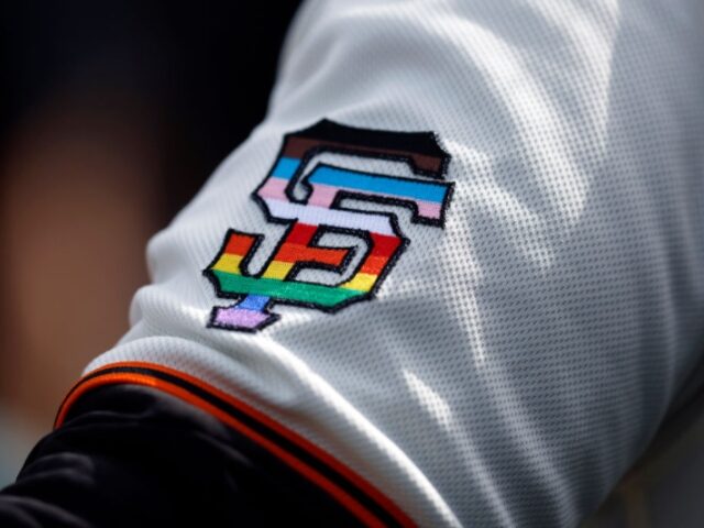 SAN FRANCISCO, CA - JUNE 10: A detail of the San Francisco Giants Pride jersey patch durin