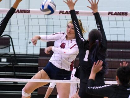Macy Petty, No. 6, plays volleyball at Lee University.