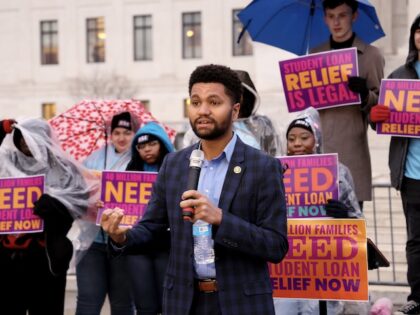 Representative Maxwell Frost speaks as student loan borrowers gather at Supreme Court the evening before the court hears two cases on student loan relief to state the relief is legal and needs to happen immediately on February 27, 2023 in Washington, DC.