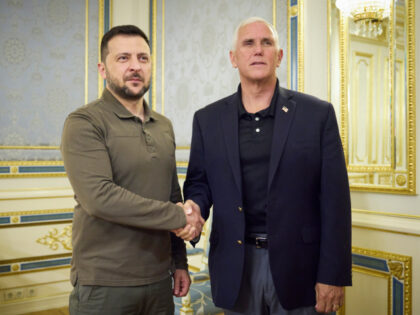 In this photo provided by the Ukrainian Presidential Press Office, Ukrainian President Volodymyr Zelenskyy, left, and former US Vice President Mike Pence pose for photo during their meeting in Kyiv, Ukraine, Thursday, June 29, 2023. (Ukrainian Presidential Press Office via AP)