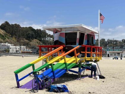 Progress Pride L.A. County lifeguard tower (Joel Pollak / Breitbart News)