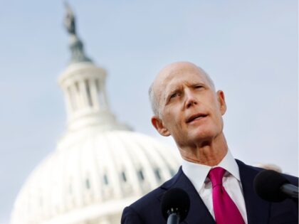 WASHINGTON, DC - MAY 11: Sen. Rick Scott (R-FL) speaks on border security and Title 42 during a press conference at the U.S. Capitol on May 11, 2023 in Washington, DC. With the expiration of Title 42, the COVID-era public health emergency that allows for the quick expulsion of migrants, …