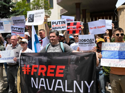 Russian activists residing in Georgia rally in support of jailed Kremlin critic Alexei Navalny on June 4, 2023, Alexei Navalny's 47 birthday, in front of the former Russian embassy in Tbilisi. (Photo by Vano SHLAMOV / AFP) (Photo by VANO SHLAMOV/AFP via Getty Images)