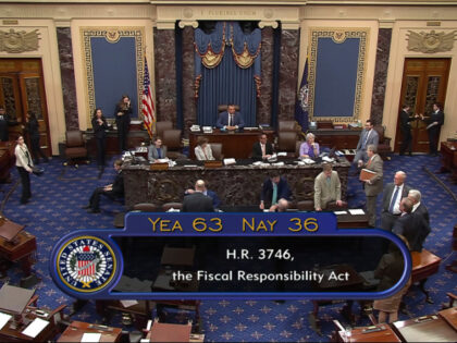 In this image from Senate Television, the final vote of 63-36 shows passage of the bill to raise the debt ceiling Thursday night, June 1, 2023, in the Senate at the Capitol in Washington. President Joe Biden is expected to quickly sign the bill that will stave off default. (Senate …