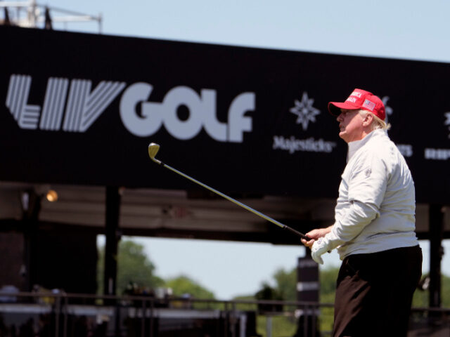 Former President Donald Trump plays during the LIV Golf Pro-Am at Trump National Golf Club, Thursday, May 25, 2023, in Sterling, Va. (AP Photo/Alex Brandon)