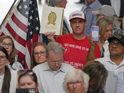 People gather during a rally Wednesday, June 7, 2023, at the Utah State Capitol, in Salt Lake City. Bible-toting parents and Republican lawmakers convened on Utah's Capitol to protest a suburban school district that announced it had removed the Bible from some schools last week. (AP Photo/Rick Bowmer)