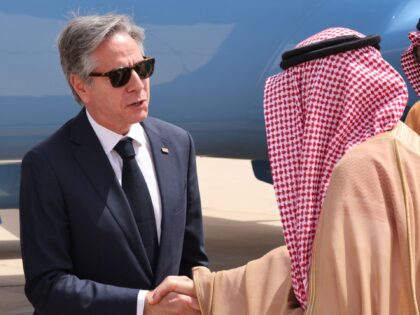 US Secretary of State Antony Blinken is greeted by a Saudi official upon his arrival at the King Khalid International Airport in Riyadh, on June 7, 2023. The three-day visit to Saudi Arabia is Blinken's first since the kingdom restored diplomatic ties with Iran, which the West considers a pariah …
