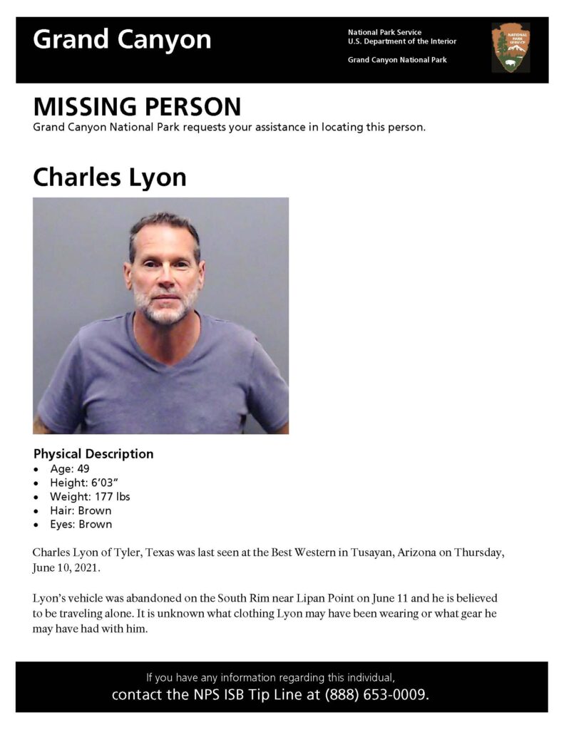 Charles Lyon, 49, from Texas, was last seen at a hotel in Tusayan, Arizona, two years ago. The following day, on June 11, 2021, authorities discovered his vehicle.