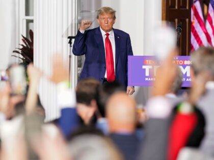 BEDMINSTER, NJ - June 13 : Former president Donald Trump gestures to the crowd after speaking during an event at Trump National Golf Club in Bedminster, N.J. on Tuesday, June 13, 2023, following a first court appearance at Wilkie D. Ferguson Jr. U.S. Courthouse, in Miami, FL. (Photo by Jabin …