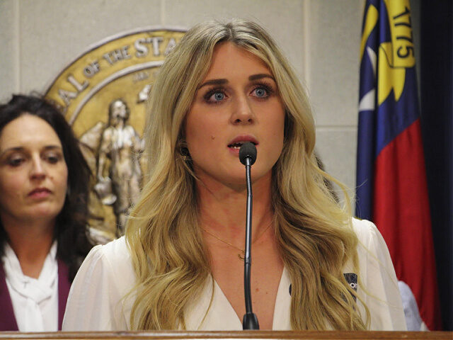 Former collegiate swimmer Riley Gaines speaks at a news conference about transgender inclu