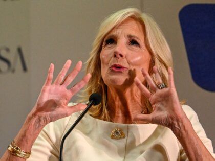 LISBON, PORTUGAL - JUNE 05: U.S. First Lady Jill Biden delivers remarks during the launch of the U.S. Embassy Lisbon’s three-day celebration of the Art in Embassies (AIE) 60th anniversary at the Universidade Católica Portuguesa hosted by U.S. Ambassador Randi Charno Levine on June 05, 2023 in Lisbon, Portugal. U.S. …