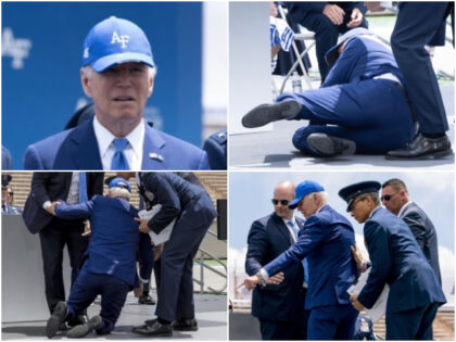 US President Joe Biden falls during the graduation ceremony at the United States Air Force Academy, just north of Colorado Springs in El Paso County, Colorado, on June 1, 2023.