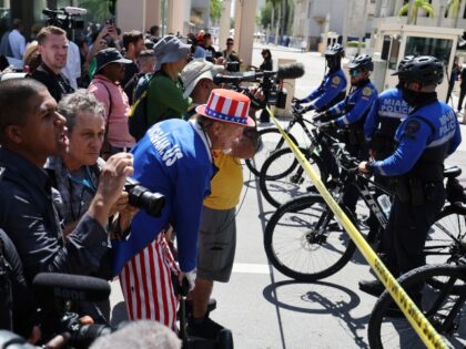 MIAMI, FLORIDA - JUNE 13: Miami Police on bicycles cordon off an area near the Wilkie D. Ferguson Jr. United States Federal Courthouse where former President Donald Trump is scheduled to be arraigned later in the day on June 13, 2023 in Miami, Florida. Trump is scheduled to appear in …