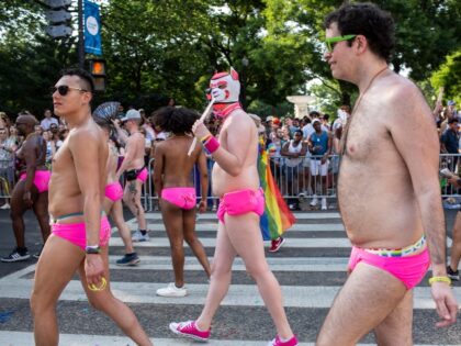 WASHINGTON, DISTRICT OF COLUMBIA, UNITED STATES - 2023/06/10: A group of men wear pink underwear during the annual Pride Parade celebrations in Washington DC. People participate in the 2023 Capital Pride Parade in Washington, DC. The parade is part of a month-long celebration of the LGBTQ+ community and this year's …